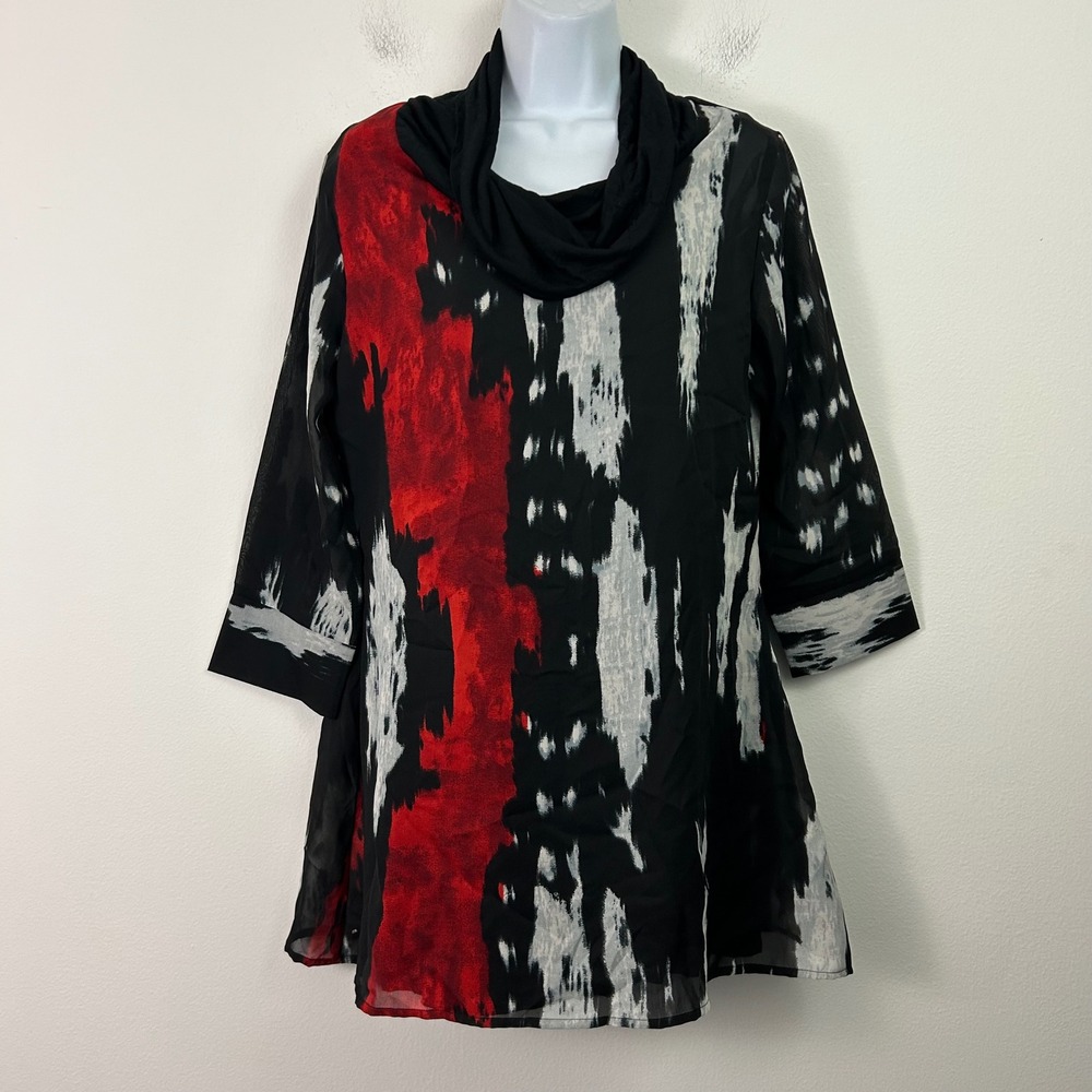 Parsley & Sage Women M Cowl Neck Tunic Abstract Red Black White 3/4 Sleeve NWT